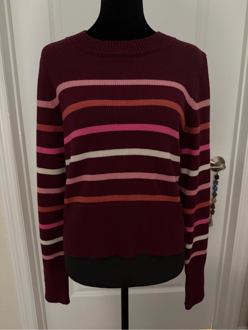 NWT &Isla Ember Stripe Crew Sweater Bordeaux Multi 100% Cotton S